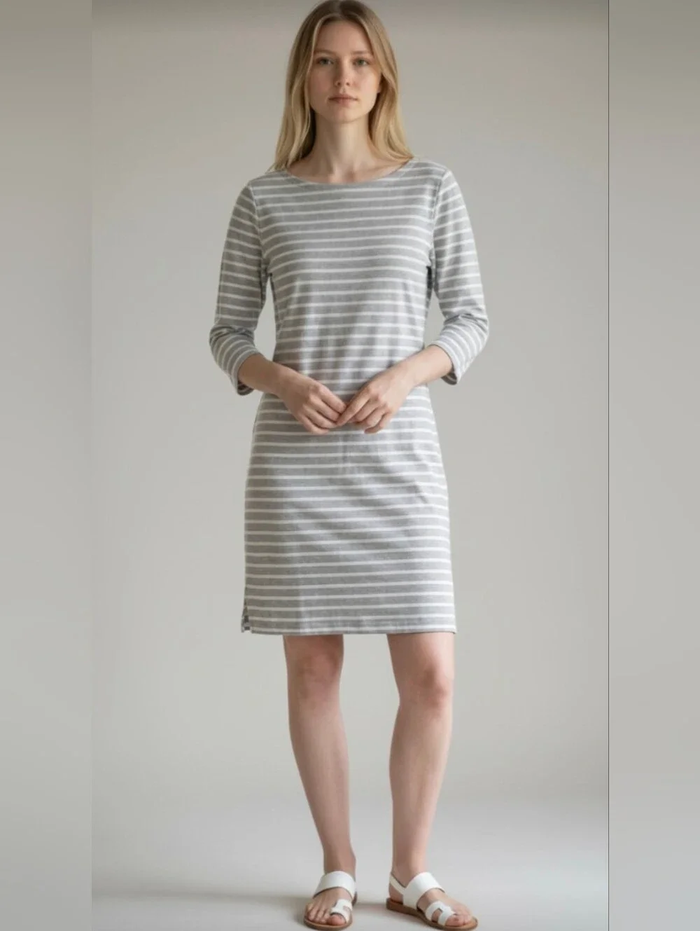 VINEYARD VINES! ASH GRAY & WHITE STRIPED 100% COTTON KNIT LONG SLEEVE DRESS! S - Picture 12 of 12